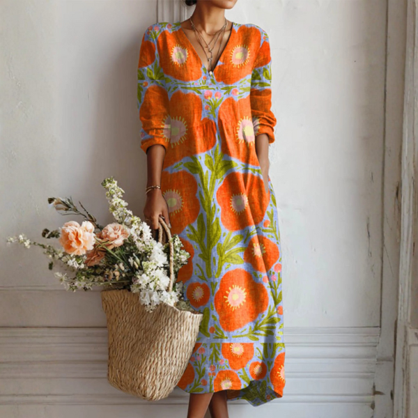 Vestido Midi Boho de Lino Estampado Mujer Escote V