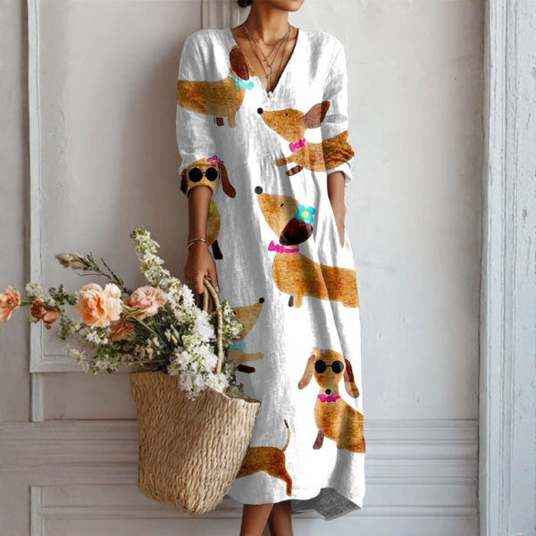 Vestido Midi Boho de Lino Estampado Mujer Escote V