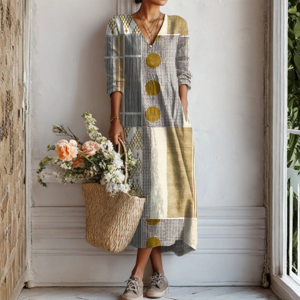 Vestido Midi Boho de Lino Estampado Mujer Escote V