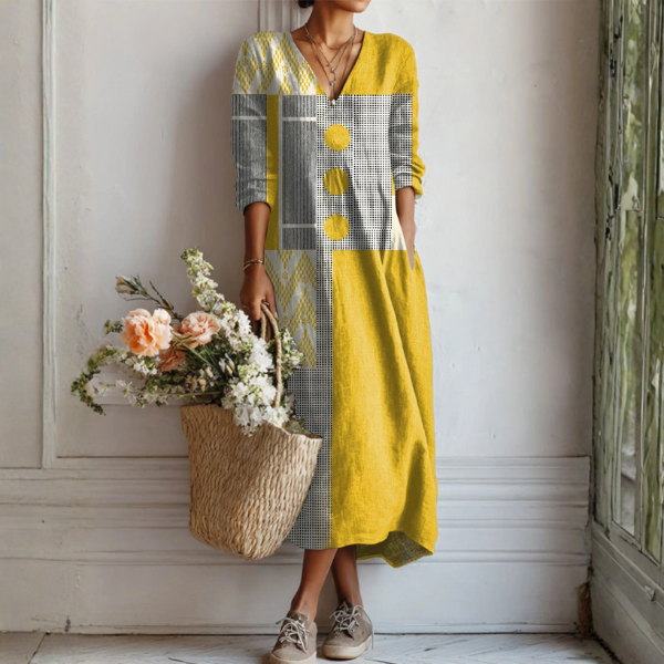 Vestido Midi Boho de Lino Estampado Mujer Escote V