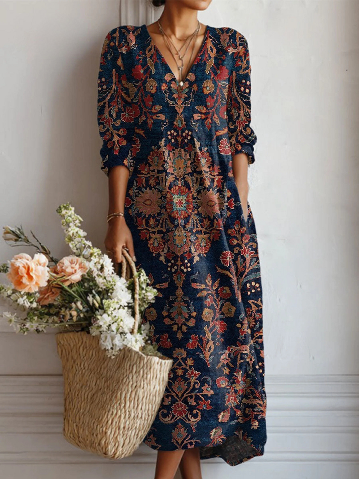 Vestido Midi Boho de Lino Estampado Mujer Escote V