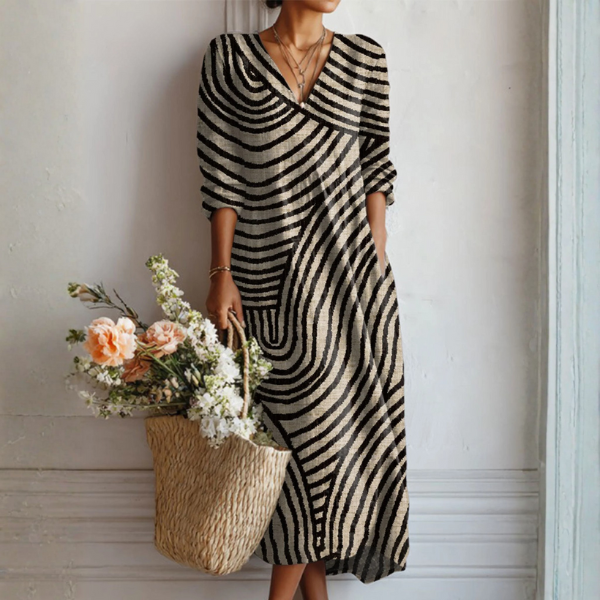 Vestido Midi Boho de Lino Estampado Mujer Escote V