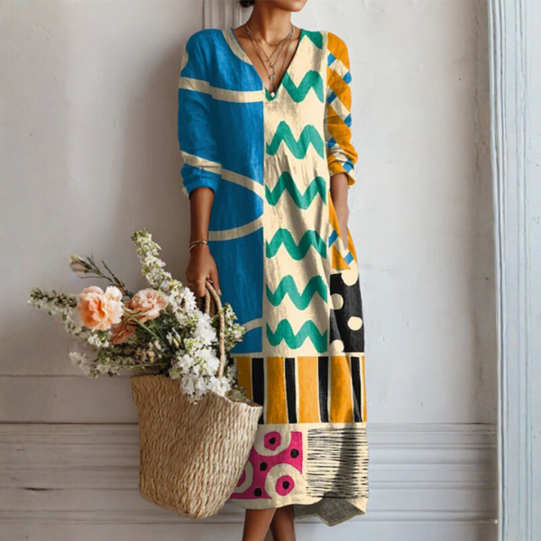 Vestido Midi Boho de Lino Estampado Mujer Escote V