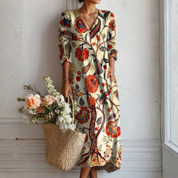 Vestido Midi Boho de Lino Estampado Mujer Escote V