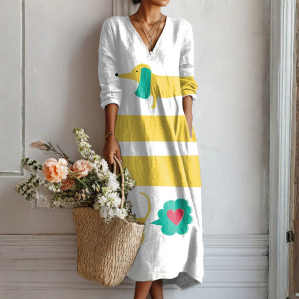 Vestido Midi Boho de Lino Estampado Mujer Escote V