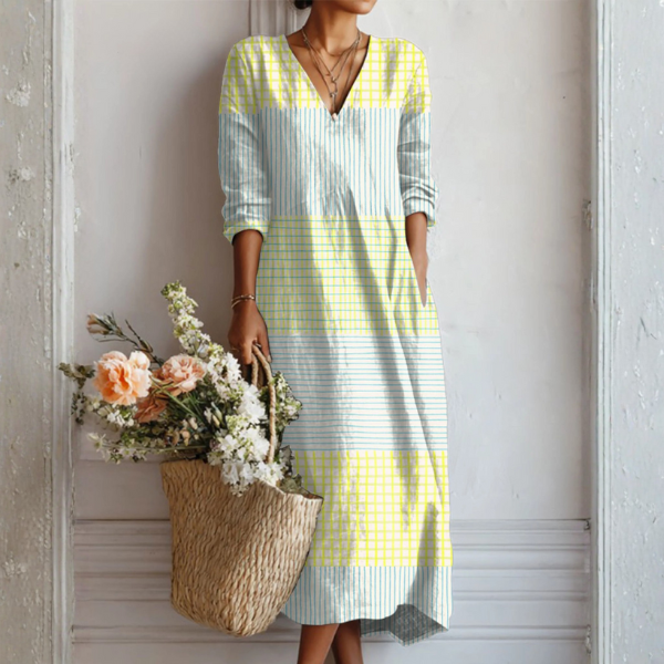 Vestido Midi Boho de Lino Estampado Mujer Escote V