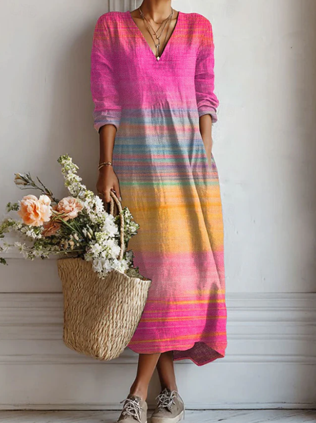 Vestido Midi Boho de Lino Estampado Mujer Escote V