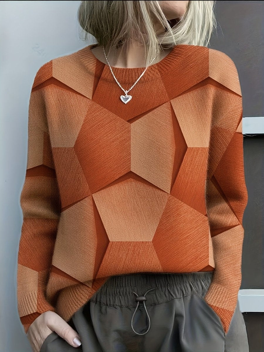 Jersey Fino Estampado Geométrico Mujer Manga Larga Cuello Redondo