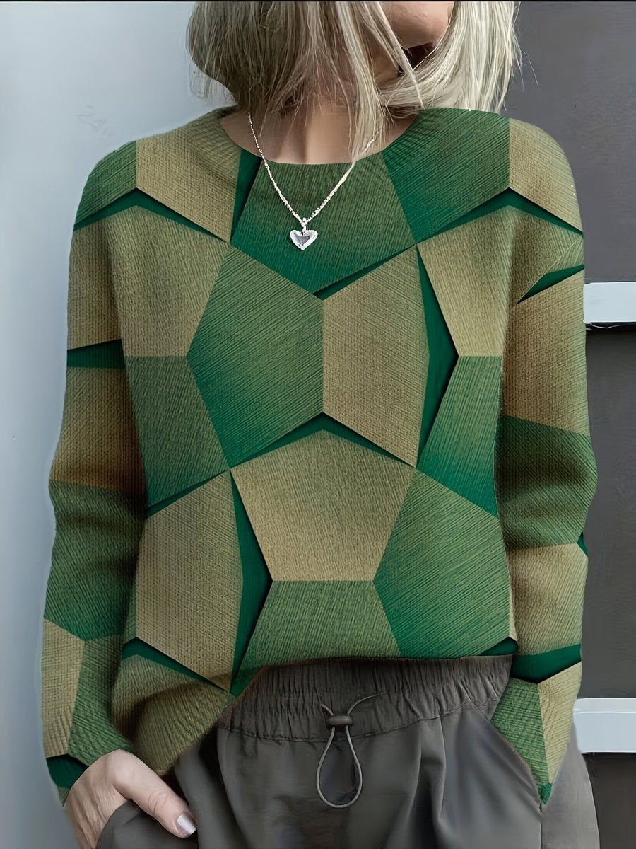 Jersey Fino Estampado Geométrico Mujer Manga Larga Cuello Redondo