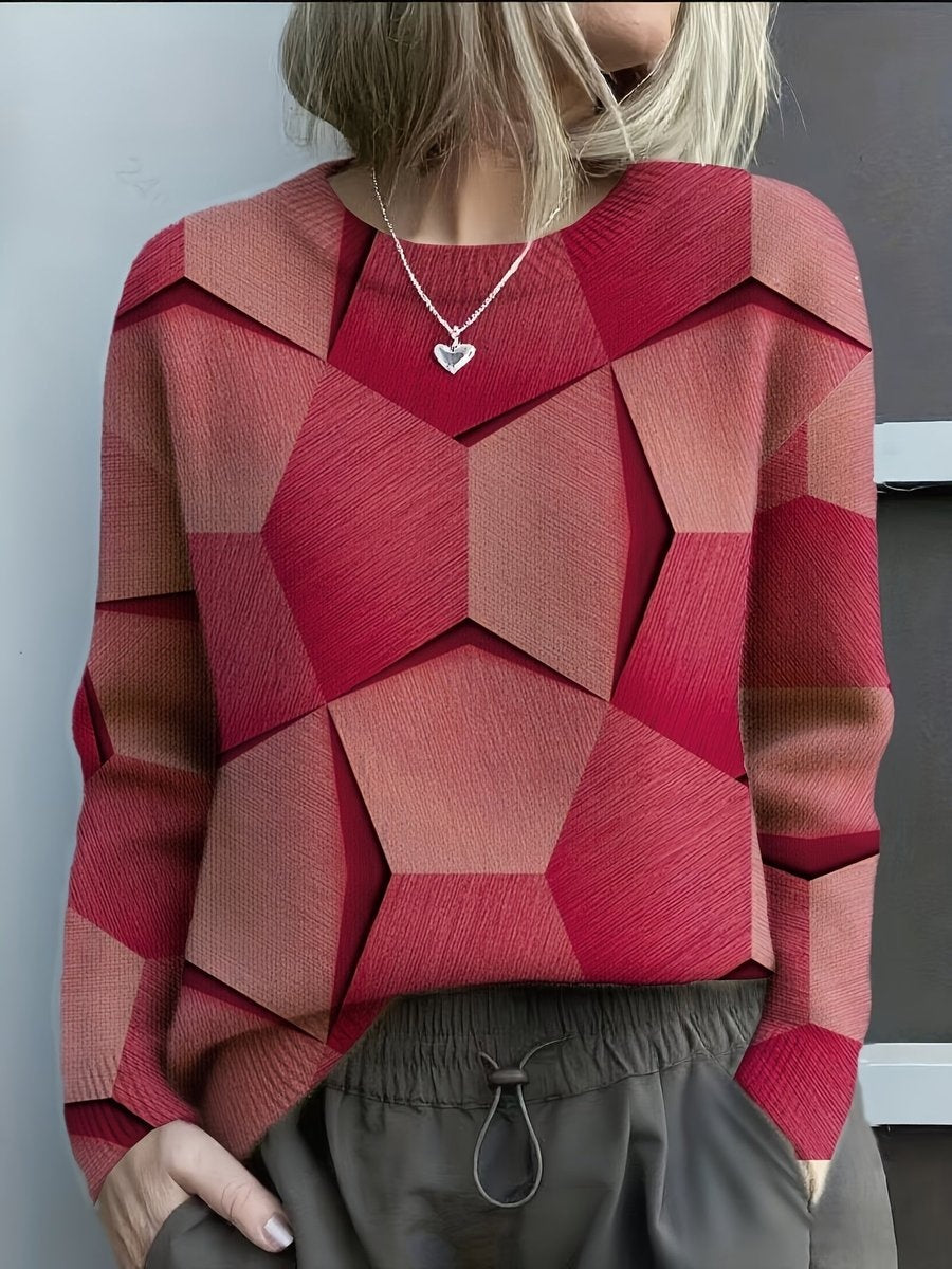 Jersey Fino Estampado Geométrico Mujer Manga Larga Cuello Redondo