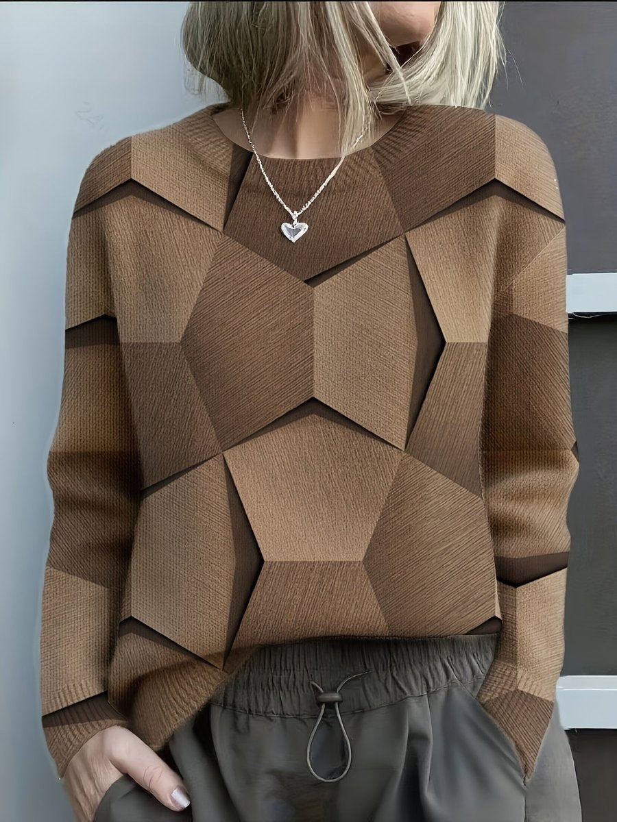 Jersey Fino Estampado Geométrico Mujer Manga Larga Cuello Redondo