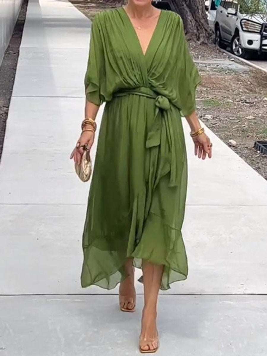Vestido Midi Drapeado Asimétrico de Gasa Mujer Escote V Cinturón