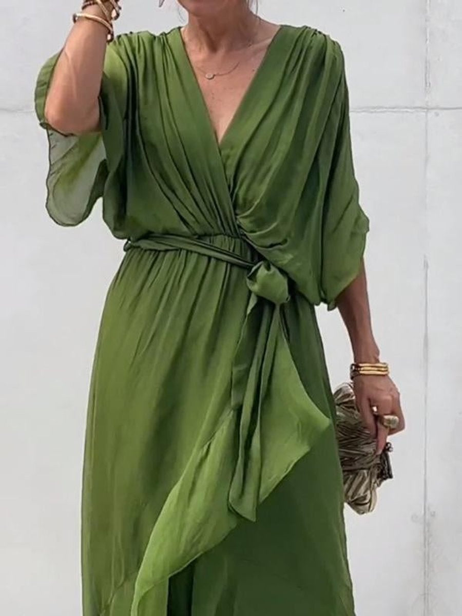 Vestido Midi Drapeado Asimétrico de Gasa Mujer Escote V Cinturón