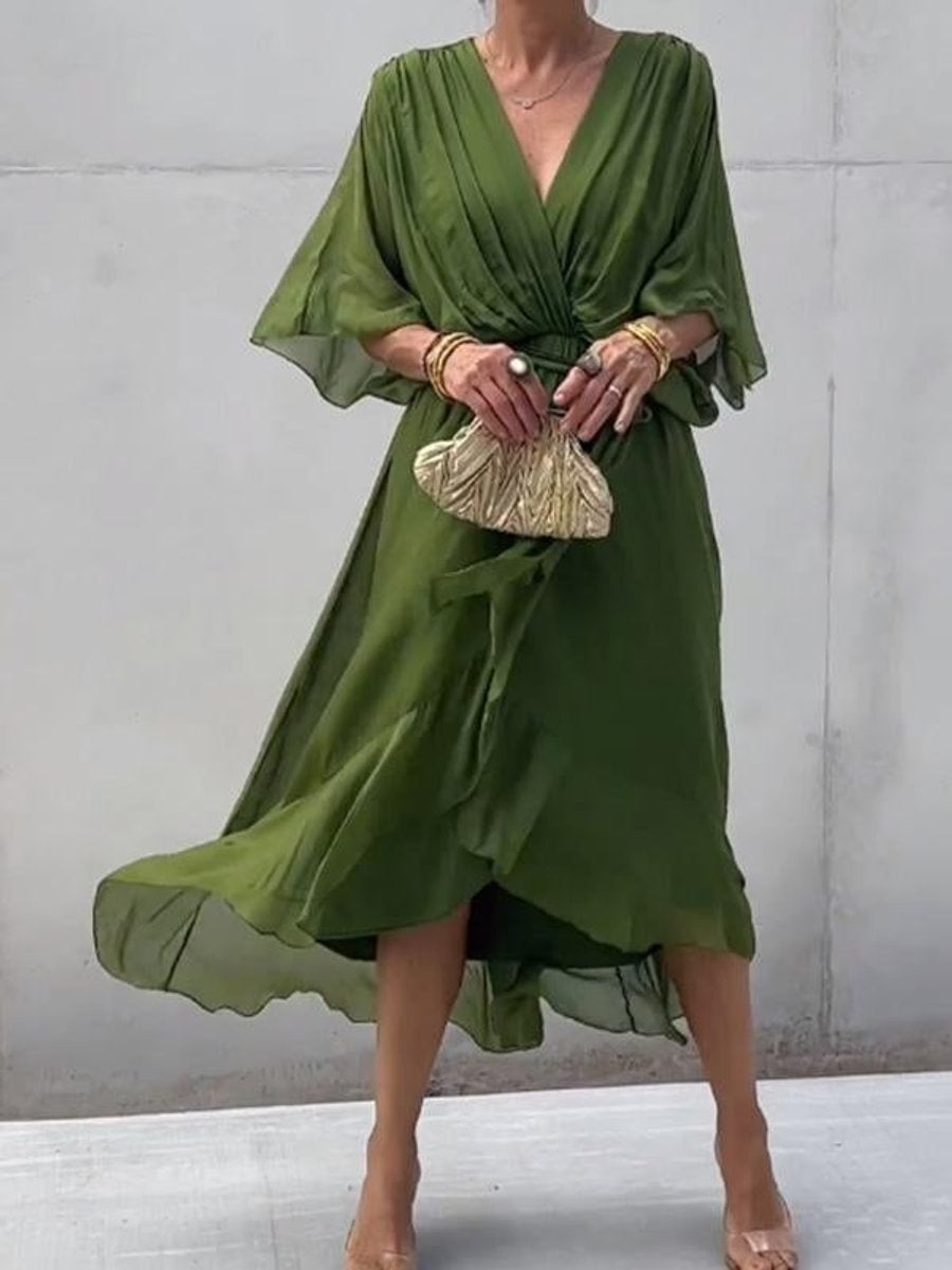 Vestido Midi Drapeado Asimétrico de Gasa Mujer Escote V Cinturón