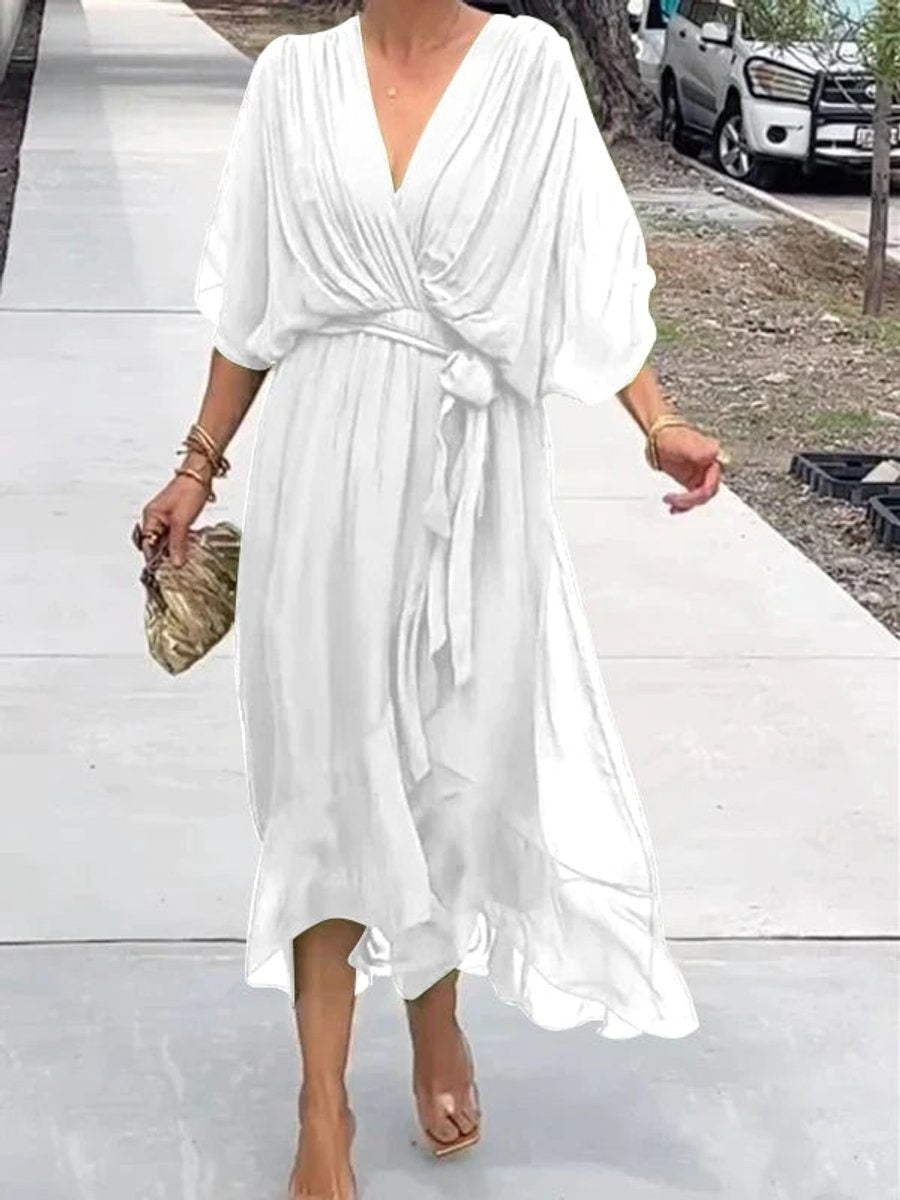 Vestido Midi Drapeado Asimétrico de Gasa Mujer Escote V Cinturón