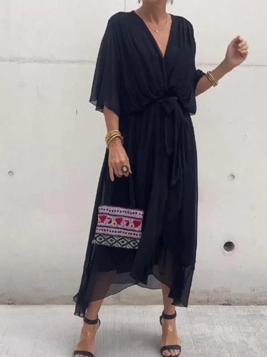 Vestido Midi Drapeado Asimétrico de Gasa Mujer Escote V Cinturón