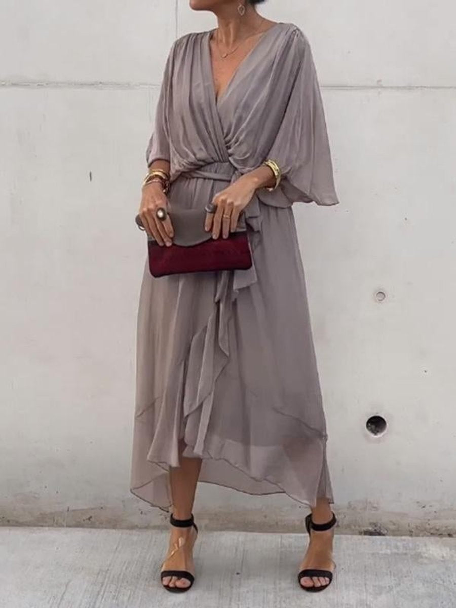 Vestido Midi Drapeado Asimétrico de Gasa Mujer Escote V Cinturón