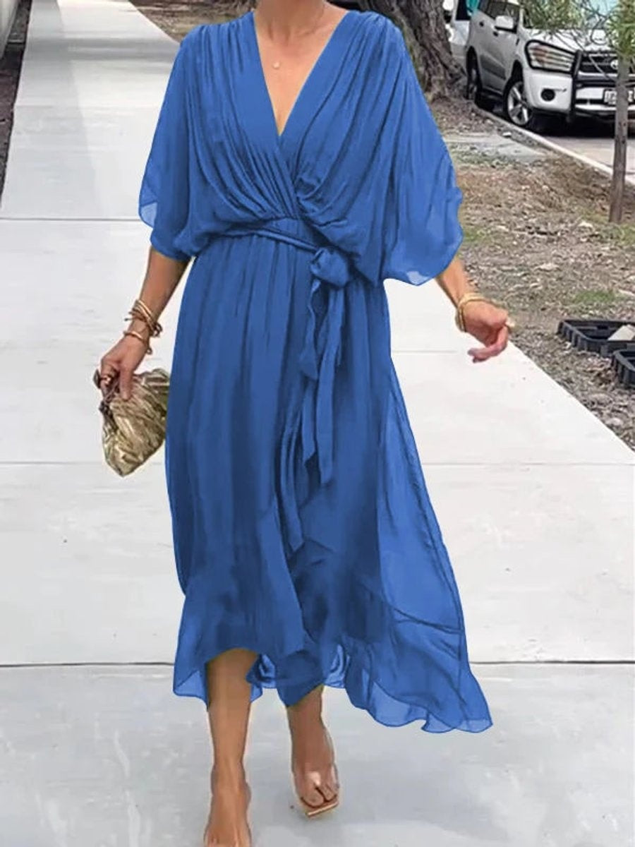 Vestido Midi Drapeado Asimétrico de Gasa Mujer Escote V Cinturón