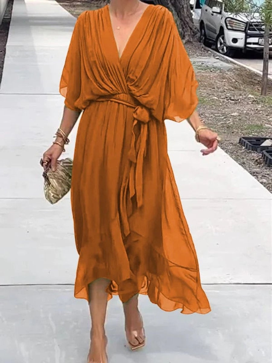 Vestido Midi Drapeado Asimétrico de Gasa Mujer Escote V Cinturón
