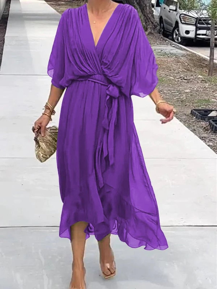 Vestido Midi Drapeado Asimétrico de Gasa Mujer Escote V Cinturón