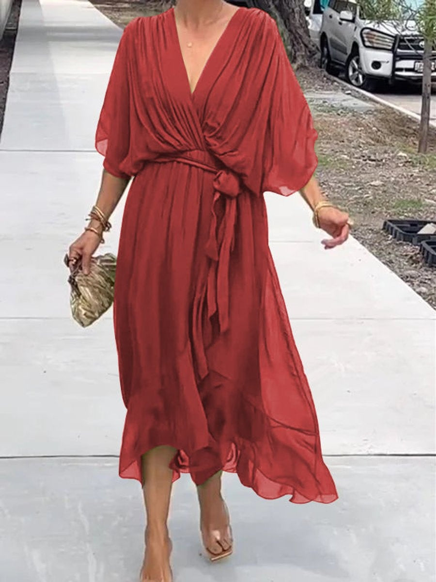 Vestido Midi Drapeado Asimétrico de Gasa Mujer Escote V Cinturón