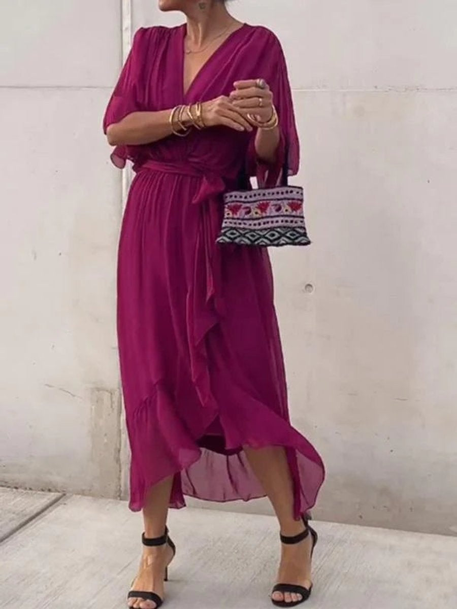 Vestido Midi Drapeado Asimétrico de Gasa Mujer Escote V Cinturón