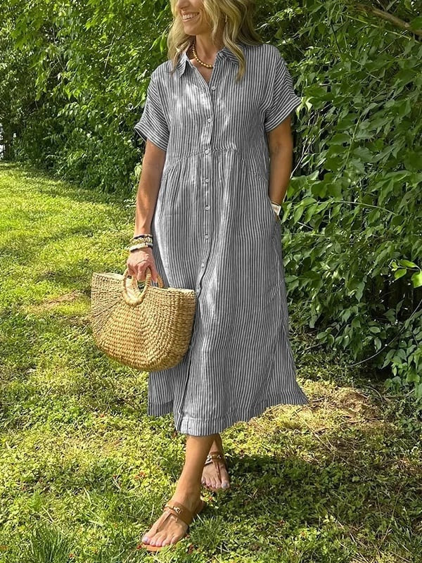 Vestido Midi Camisero de Rayas Mujer Manga Corta