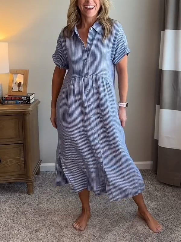 Vestido Midi Camisero de Rayas Mujer Manga Corta
