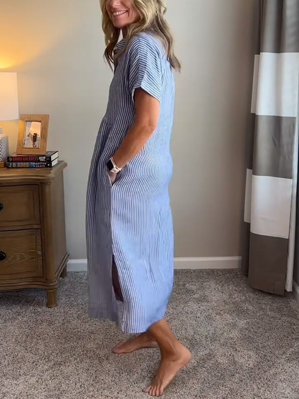 Vestido Midi Camisero de Rayas Mujer Manga Corta