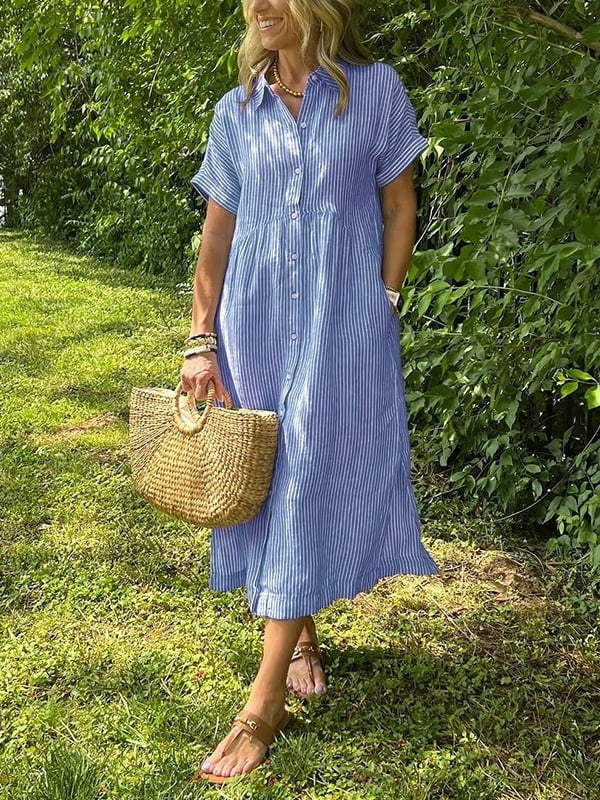 Vestido Midi Camisero de Rayas Mujer Manga Corta