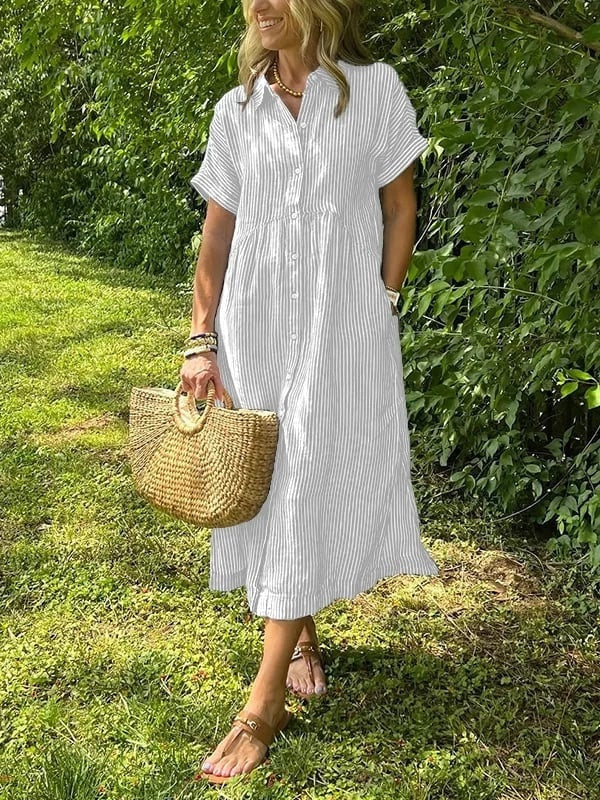 Vestido Midi Camisero de Rayas Mujer Manga Corta