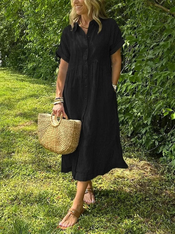 Vestido Midi Camisero de Rayas Mujer Manga Corta