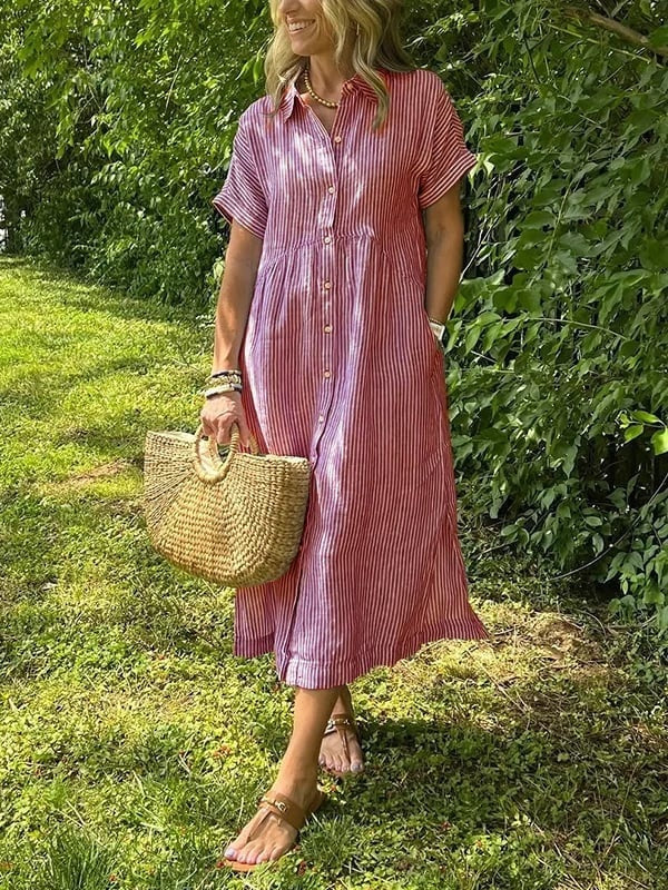 Vestido Midi Camisero de Rayas Mujer Manga Corta