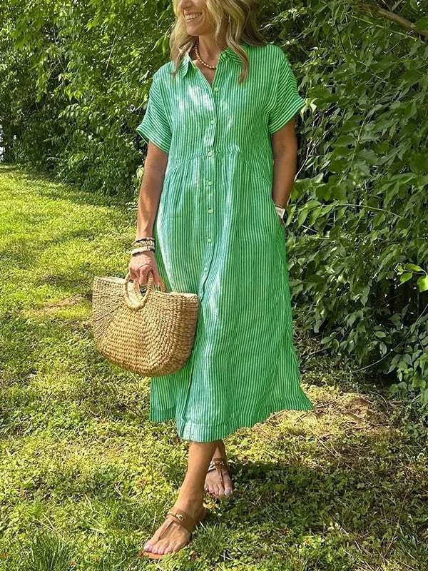 Vestido Midi Camisero de Rayas Mujer Manga Corta