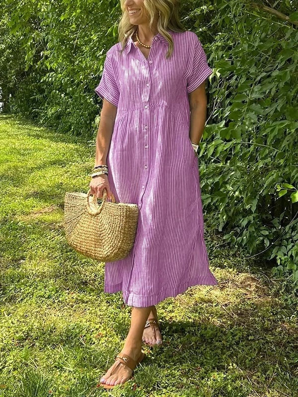 Vestido Midi Camisero de Rayas Mujer Manga Corta