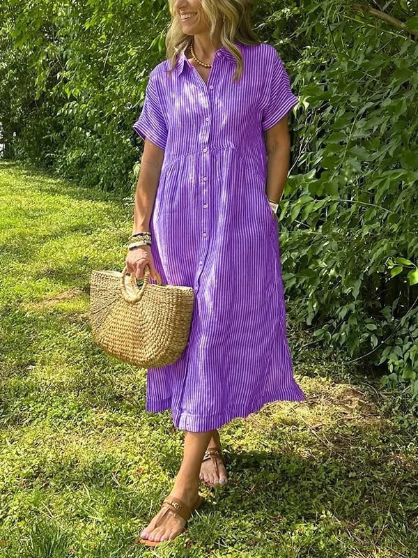 Vestido Midi Camisero de Rayas Mujer Manga Corta