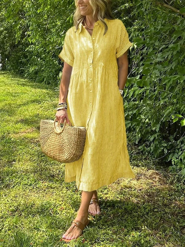 Vestido Midi Camisero de Rayas Mujer Manga Corta