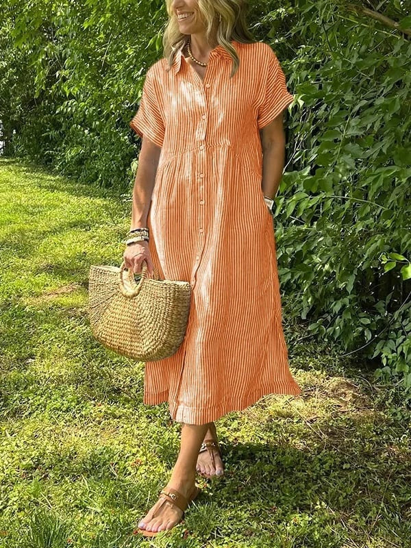 Vestido Midi Camisero de Rayas Mujer Manga Corta