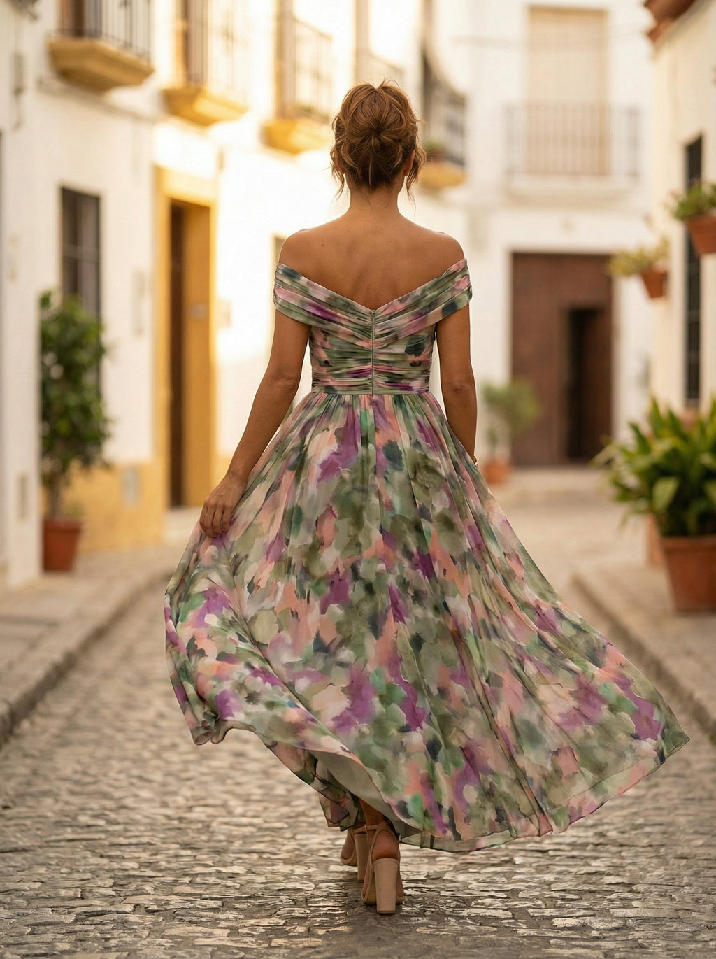 Vestido Largo de Gala Hombros Descubiertos Mujer Plisado