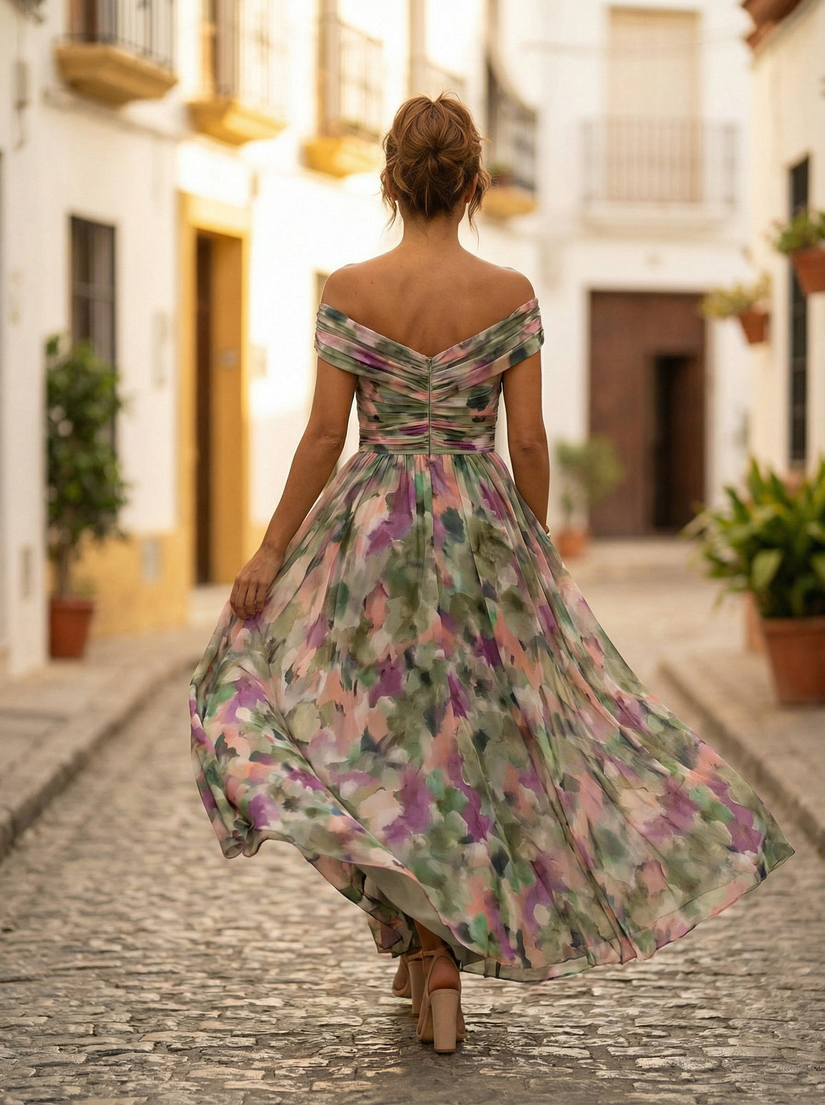 Vestido Largo de Gala Hombros Descubiertos Mujer Plisado