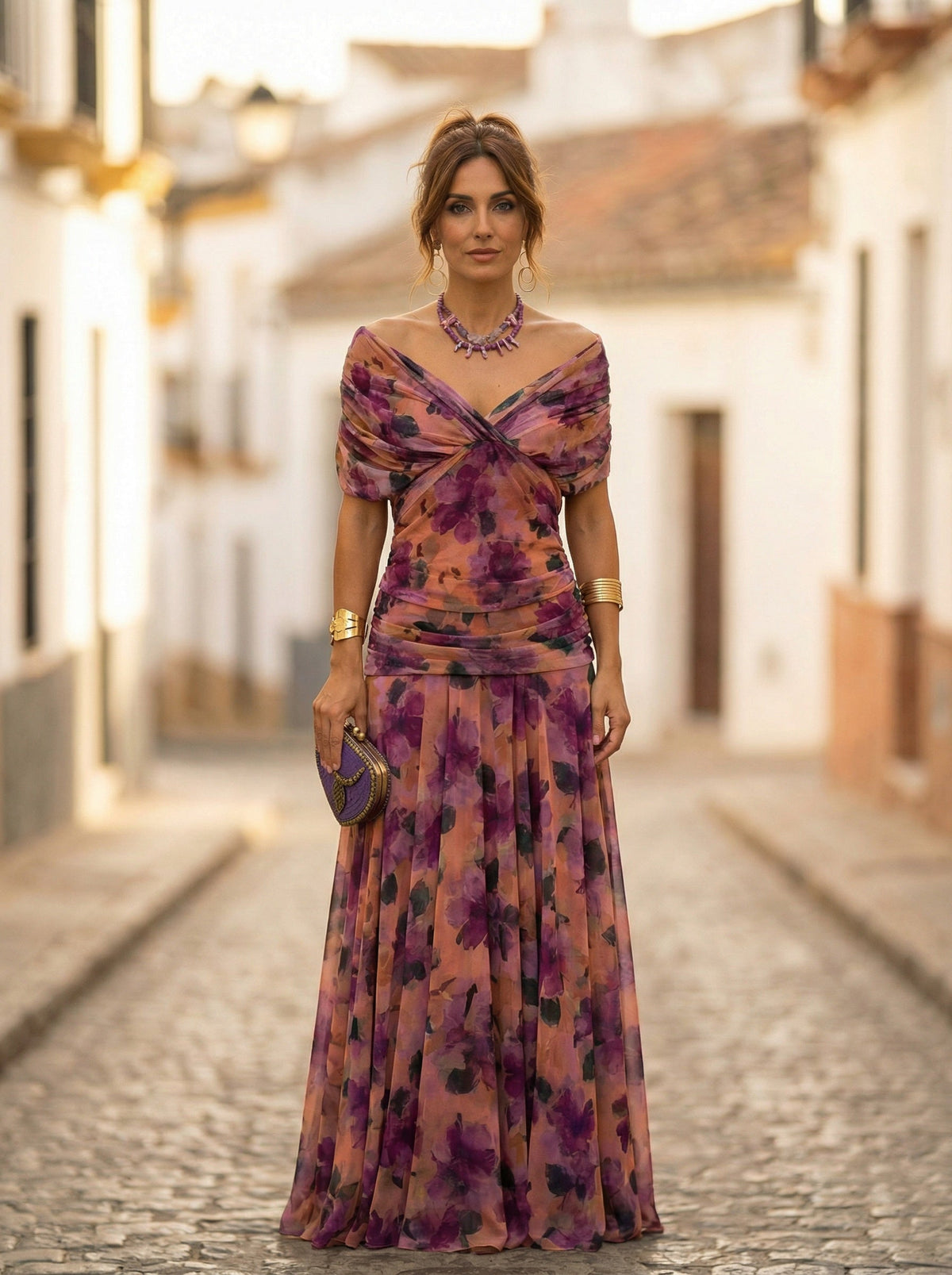 Vestido Largo de Gala Hombros Descubiertos Mujer Plisado