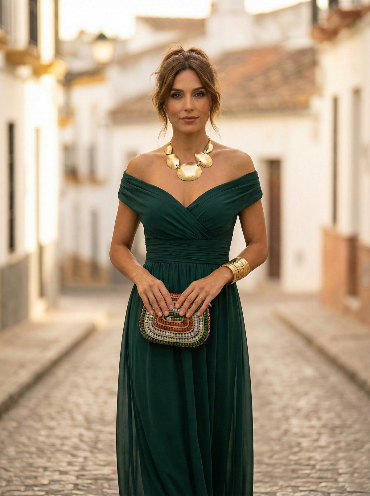Vestido Largo de Gala Hombros Descubiertos Mujer Plisado