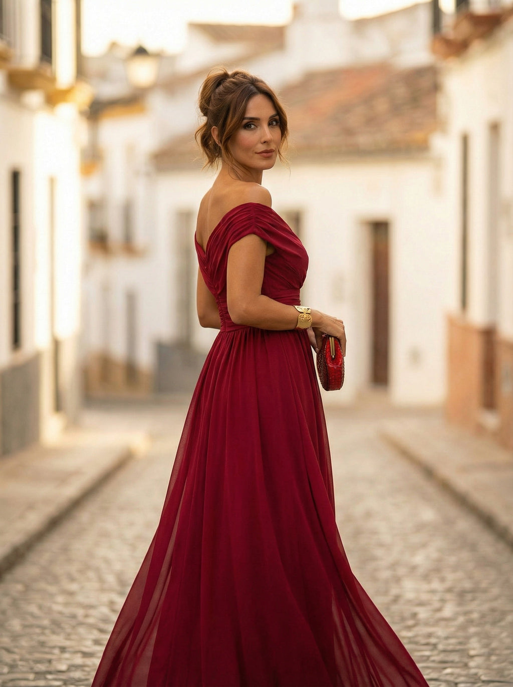 Vestido Largo de Gala Hombros Descubiertos Mujer Plisado