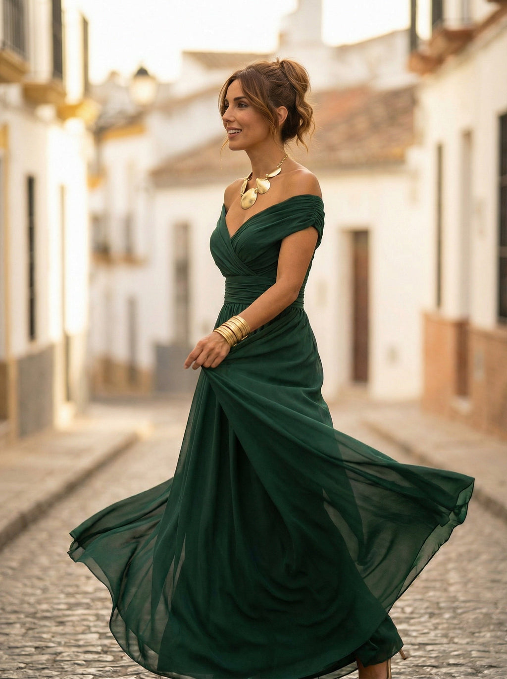 Vestido Largo de Gala Hombros Descubiertos Mujer Plisado