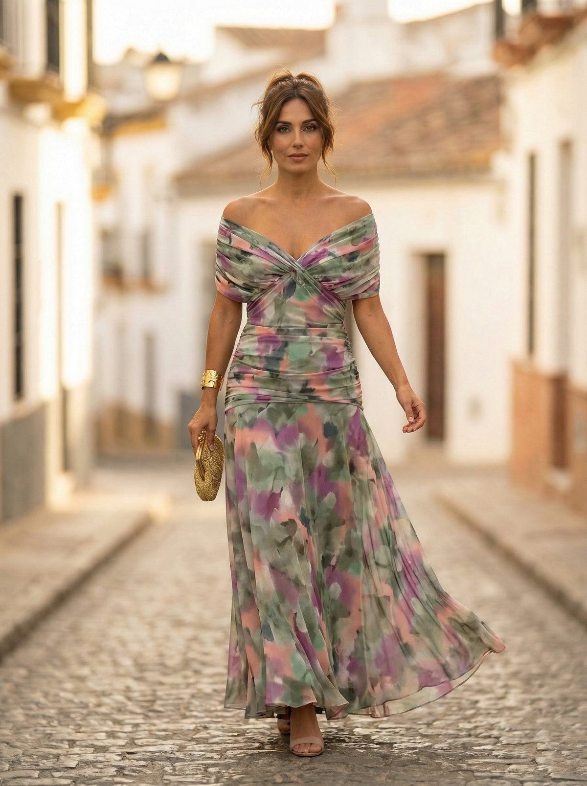 Vestido Largo de Gala Hombros Descubiertos Mujer Plisado