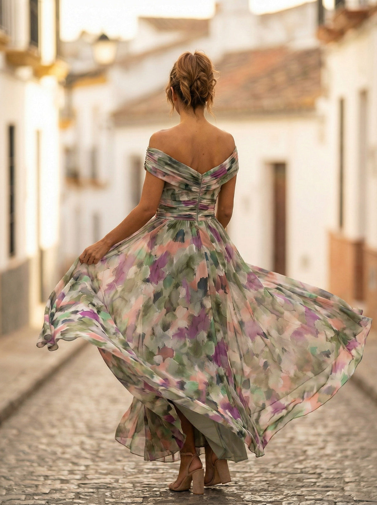 Vestido Largo de Gala Hombros Descubiertos Mujer Plisado