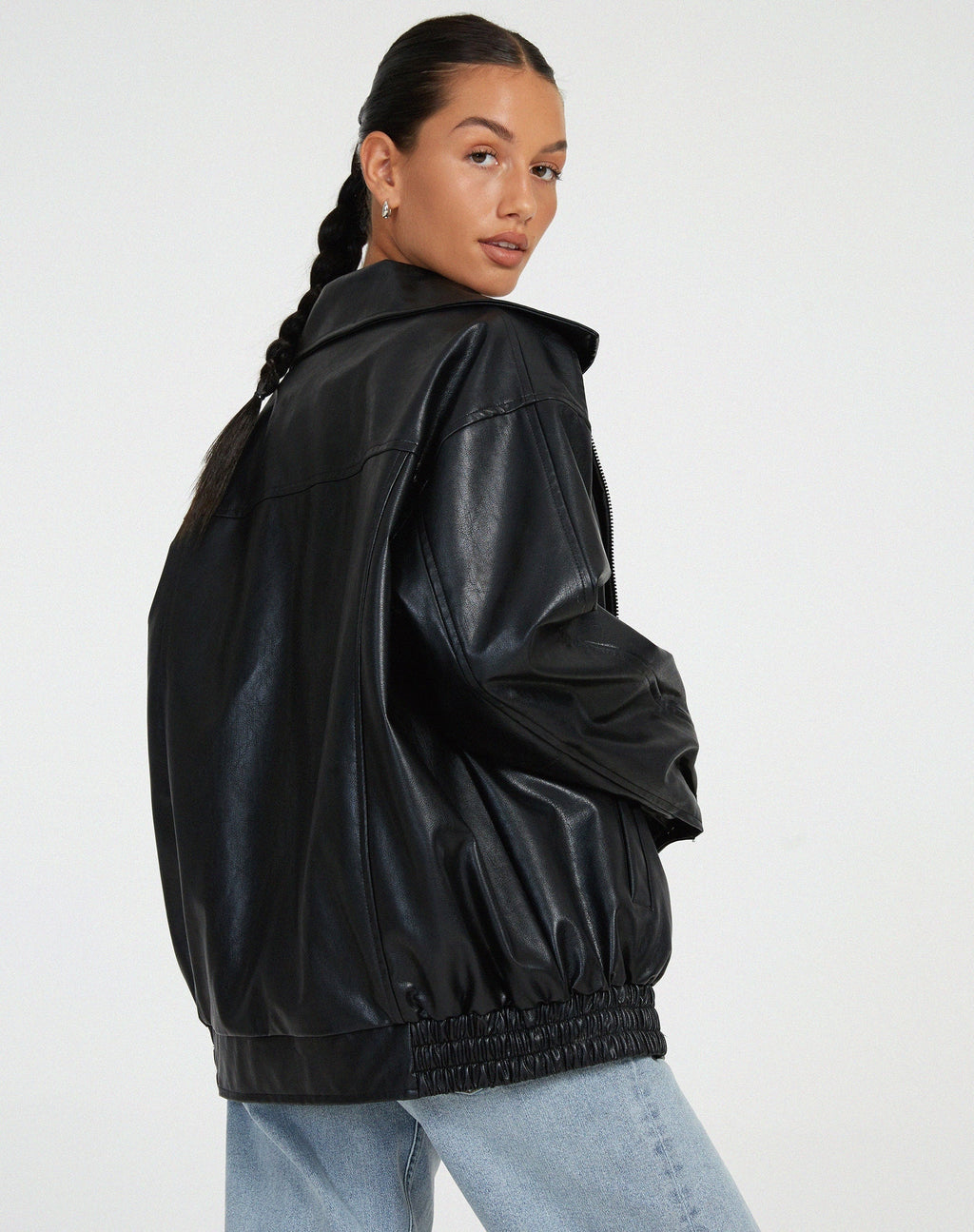 Chaqueta de Polipiel Oversize Mujer Cremallera Cuello Solapa