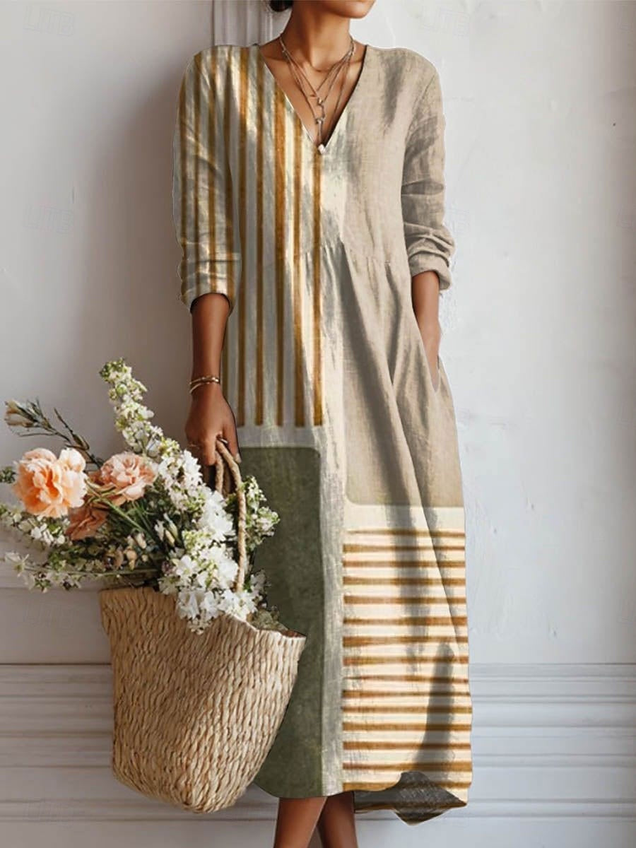 Vestido Midi Boho de Lino Estampado Mujer Escote V