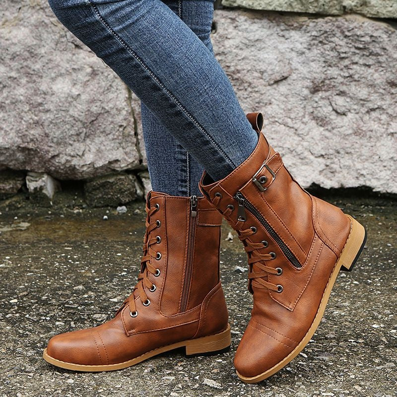 Botas Militares Planas Mujer con Cordones y Cremallera Lateral