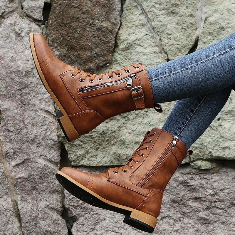Botas Militares Planas Mujer con Cordones y Cremallera Lateral
